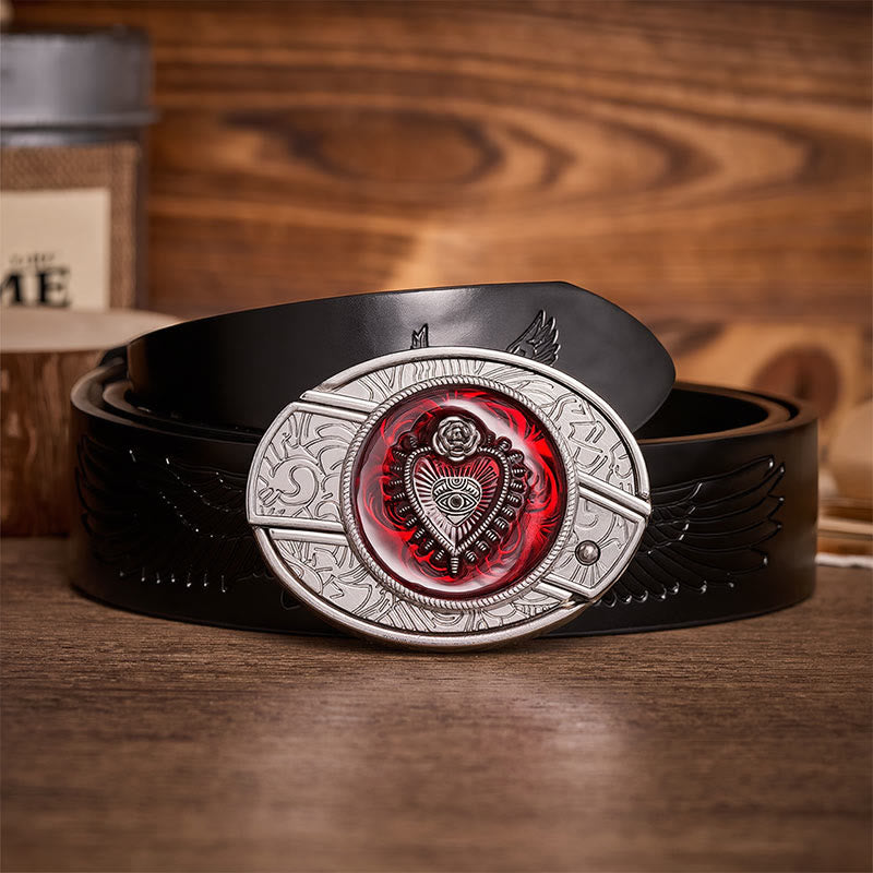Crimson Sacred Heart DIY Hidden Folding Knife Buckle Leather Belt - Crimson Heart - Black Embossed Eagle Belt - 42 - image 2