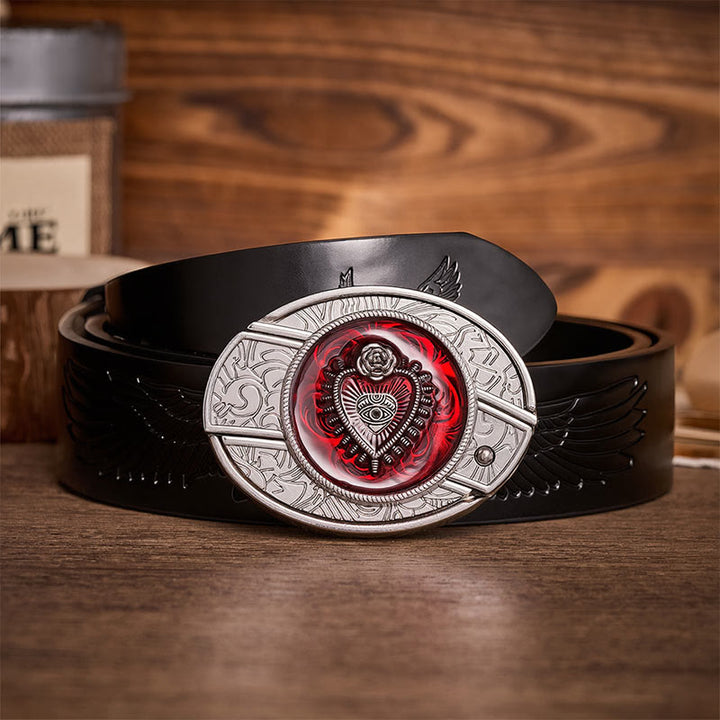 Crimson Sacred Heart DIY Hidden Folding Knife Buckle Leather Belt - Crimson Heart - Black Embossed Eagle Belt - 42 - image 2