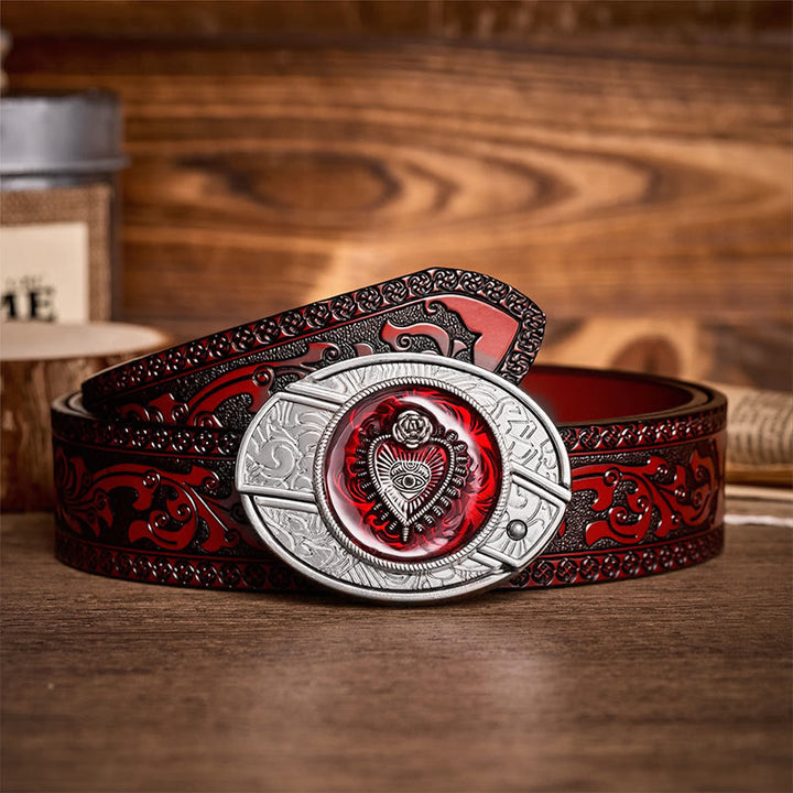 Crimson Sacred Heart DIY Hidden Folding Knife Buckle Leather Belt - Crimson Heart - Brown Carved Belt - 42 - image 6