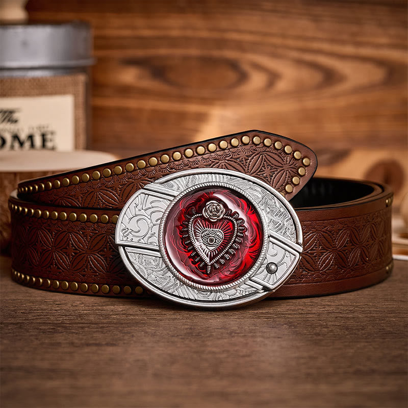 Crimson Sacred Heart DIY Hidden Folding Knife Buckle Leather Belt - Crimson Heart - Brown Rivet Belt - 42 - image 4