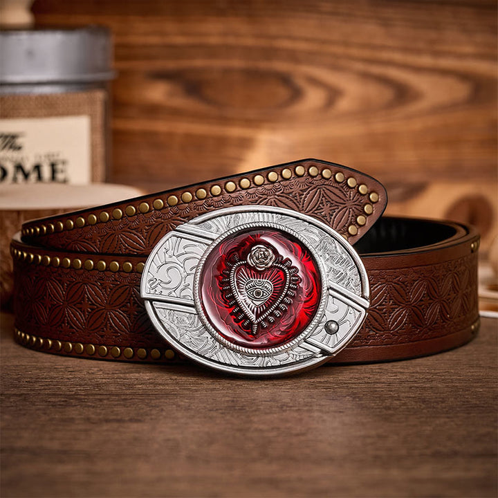 Crimson Sacred Heart DIY Hidden Folding Knife Buckle Leather Belt - Crimson Heart - Brown Rivet Belt - 42 - image 4