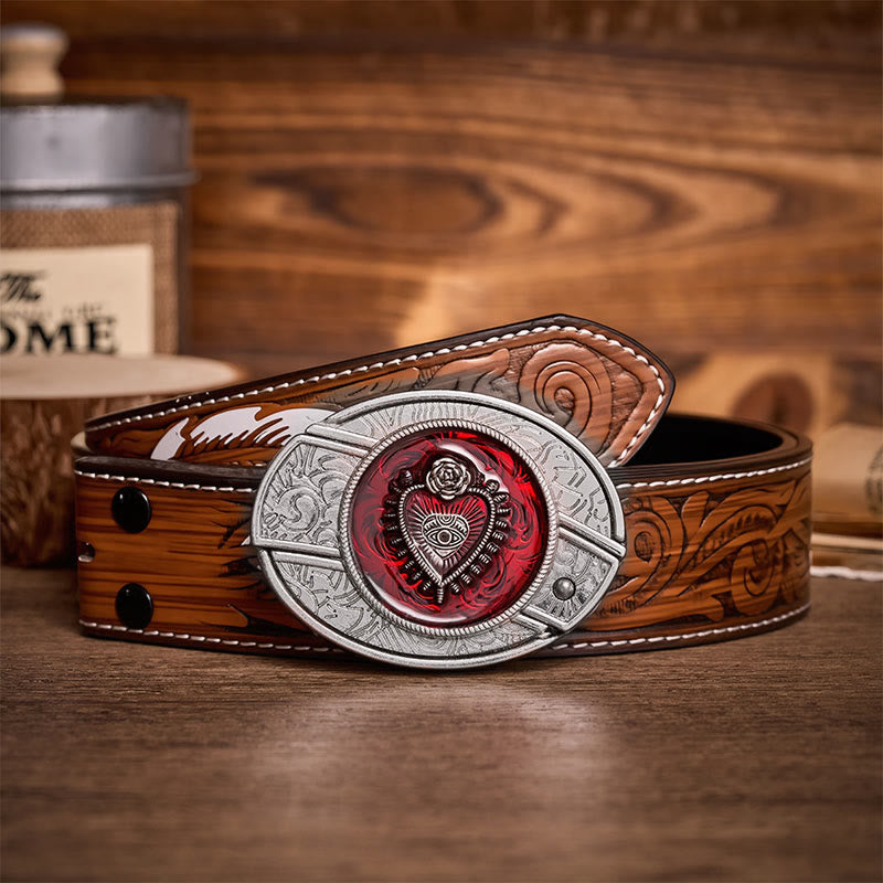 Crimson Sacred Heart DIY Hidden Folding Knife Buckle Leather Belt - Crimson Heart - Brown Feather Belt - 40 - image 7