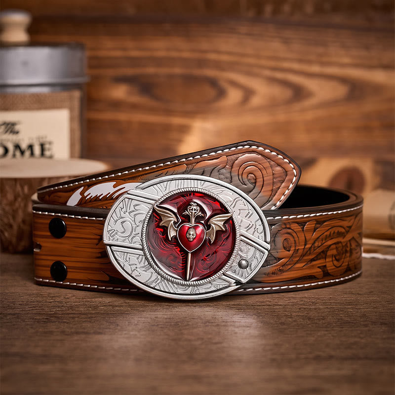Wings & Dagger Red Heart DIY Hidden Folding Knife Buckle Leather Belt - Wings & Dagger - Brown Feather Belt - 40 - image 7