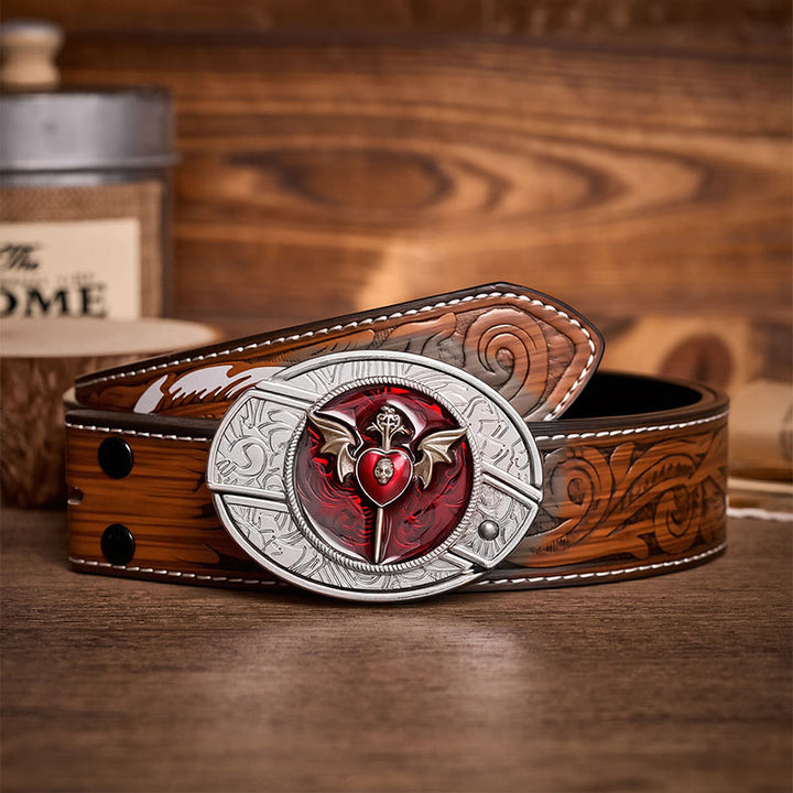 Wings & Dagger Red Heart DIY Hidden Folding Knife Buckle Leather Belt - Wings & Dagger - Brown Feather Belt - 40 - image 7