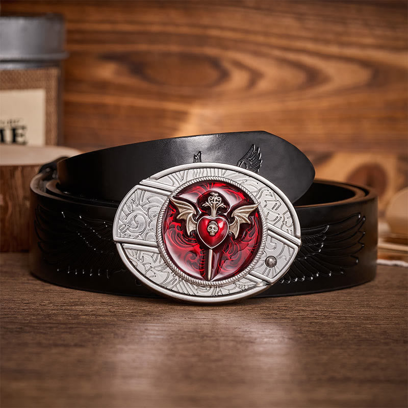 Wings & Dagger Red Heart DIY Hidden Folding Knife Buckle Leather Belt - Wings & Dagger - Black Embossed Eagle Belt - 42 - image 2