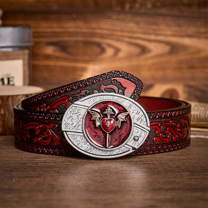 Wings & Dagger Red Heart DIY Hidden Folding Knife Buckle Leather Belt - Wings & Dagger - Brown Carved Belt - 42 - image 6