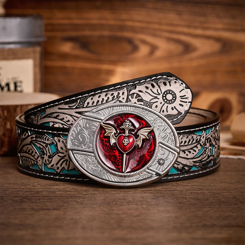 Wings & Dagger Red Heart DIY Hidden Folding Knife Buckle Leather Belt - Wings & Dagger - Gray Floral Belt - 42 - image 8