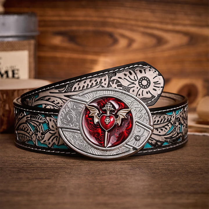 Wings & Dagger Red Heart DIY Hidden Folding Knife Buckle Leather Belt - Wings & Dagger - Gray Floral Belt - 42 - image 8