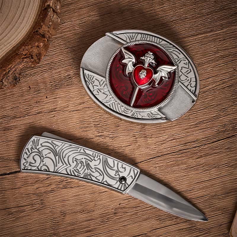Wings & Dagger Red Heart DIY Hidden Folding Knife Buckle Leather Belt - image 1