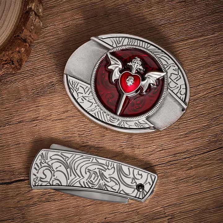 Wings & Dagger Red Heart DIY Hidden Folding Knife Buckle Leather Belt - image 9