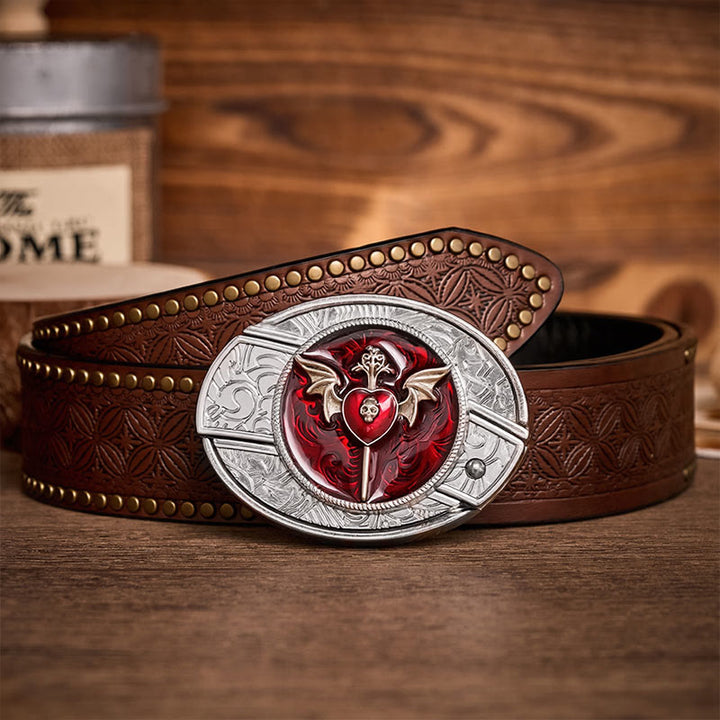 Wings & Dagger Red Heart DIY Hidden Folding Knife Buckle Leather Belt - Wings & Dagger - Brown Rivet Belt - 42 - image 4