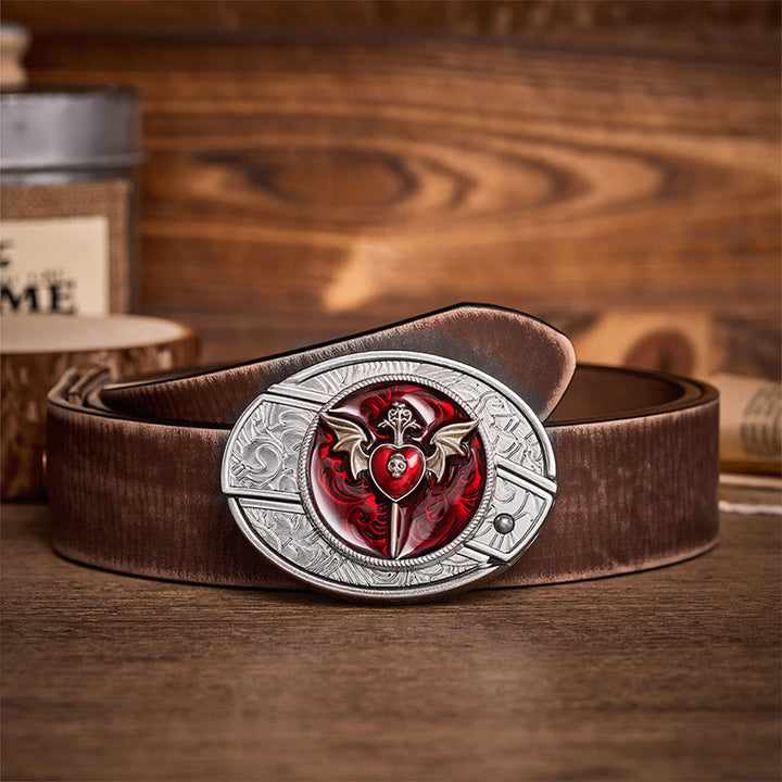 Wings & Dagger Red Heart DIY Hidden Folding Knife Buckle Leather Belt - Wings & Dagger - Brown Distressed Belt - 42 - image 5