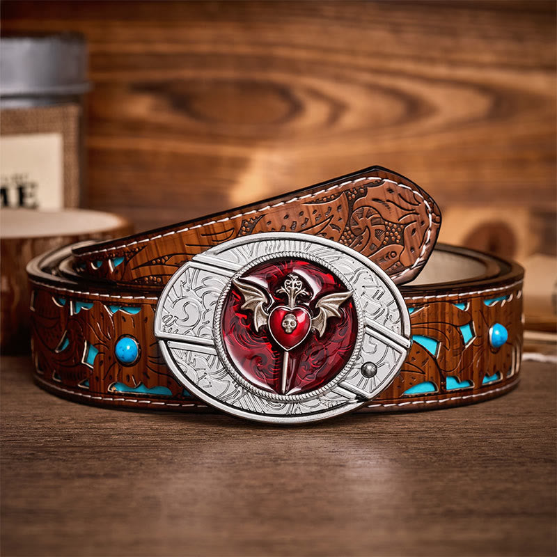 Wings & Dagger Red Heart DIY Hidden Folding Knife Buckle Leather Belt - Wings & Dagger - Turquoise Carved Belt - 42 - image 3