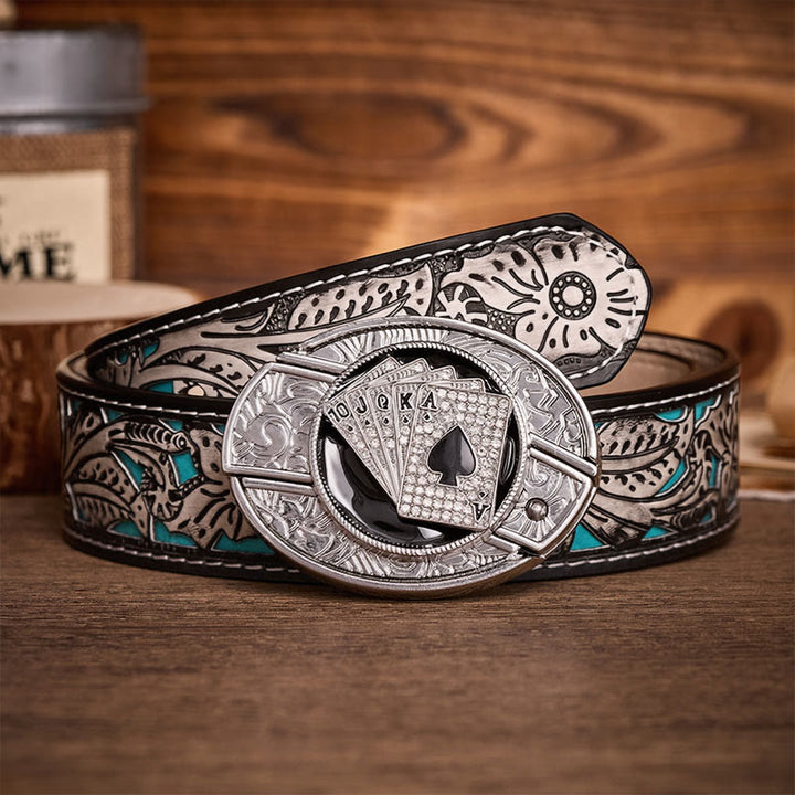 Shiny Royal Flush Spades DIY Hidden Folding Knife Buckle Leather Belt - Royal Flush - Gray Floral Belt - 42 - image 8