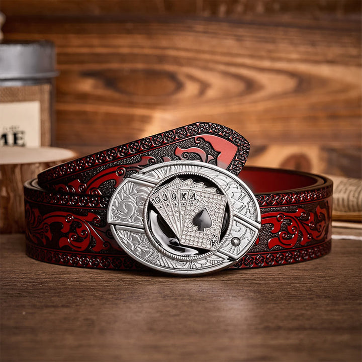 Shiny Royal Flush Spades DIY Hidden Folding Knife Buckle Leather Belt - Royal Flush - Brown Carved Belt - 42 - image 6
