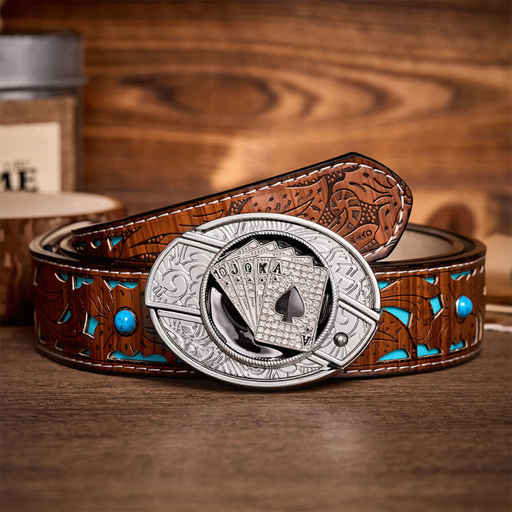 Shiny Royal Flush Spades DIY Hidden Folding Knife Buckle Leather Belt - Royal Flush - Turquoise Carved Belt - 42 - image 3