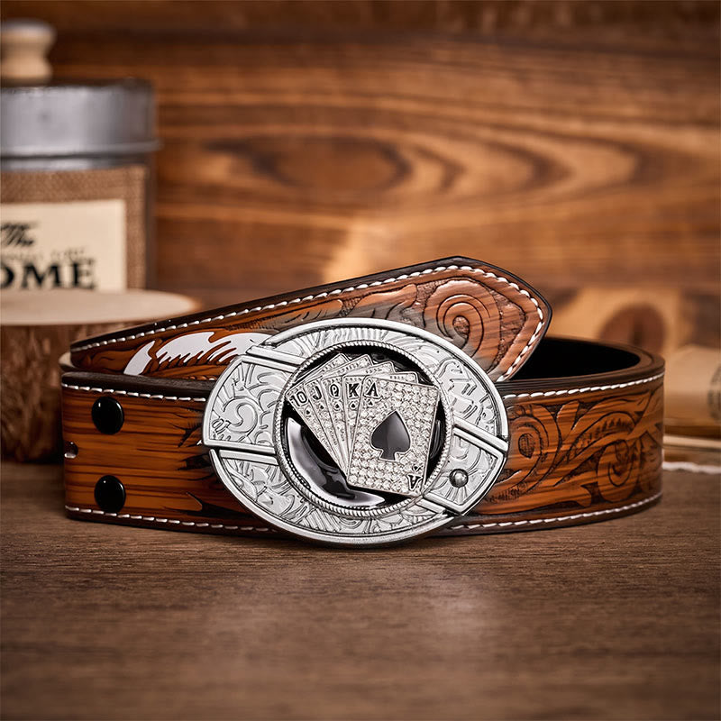 Shiny Royal Flush Spades DIY Hidden Folding Knife Buckle Leather Belt - Royal Flush - Brown Feather Belt - 40 - image 7