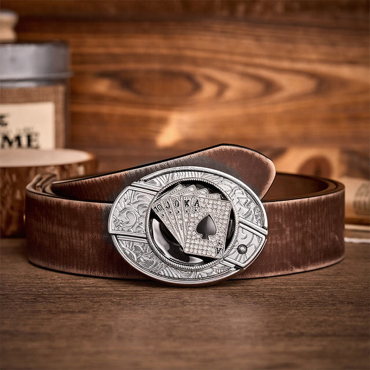 Shiny Royal Flush Spades DIY Hidden Folding Knife Buckle Leather Belt - Royal Flush - Brown Distressed Belt - 42 - image 5
