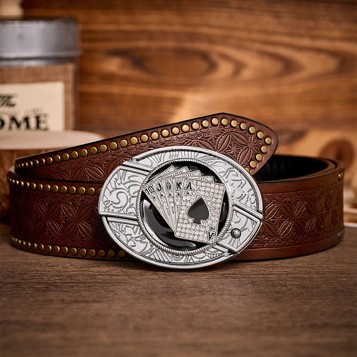 Shiny Royal Flush Spades DIY Hidden Folding Knife Buckle Leather Belt - Royal Flush - Brown Rivet Belt - 42 - image 4