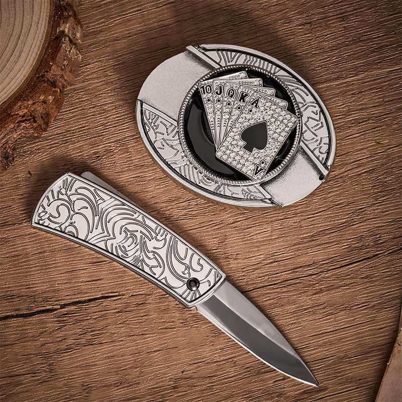 Shiny Royal Flush Spades DIY Hidden Folding Knife Buckle Leather Belt - image 1