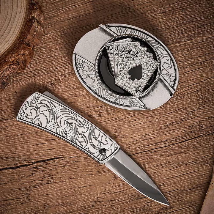 Shiny Royal Flush Spades DIY Hidden Folding Knife Buckle Leather Belt - image 1