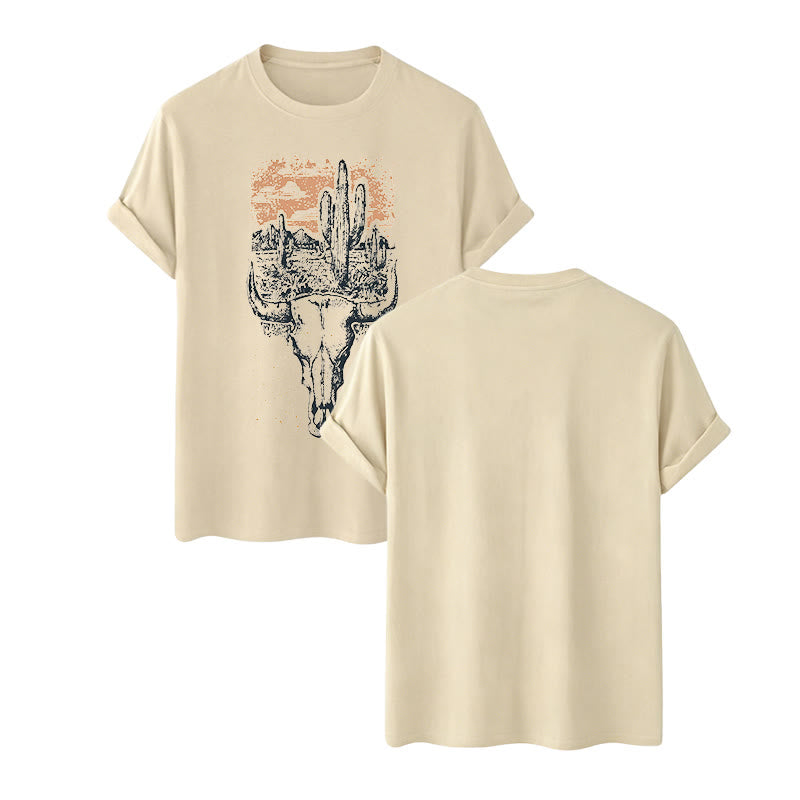 Badlands Vibes Longhorn Skull & Cactus Western T-shirt - Beige - 2XL - image 8