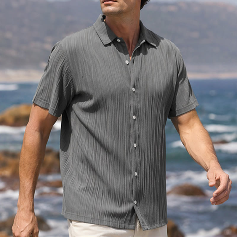 Men's Cotton Linen Striped Jacquard Casual Shirt - Dark Grey - 2XL - image 7