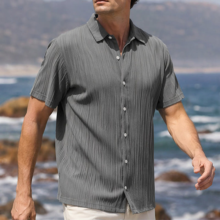 Men's Cotton Linen Striped Jacquard Casual Shirt - Dark Grey - 2XL - image 7