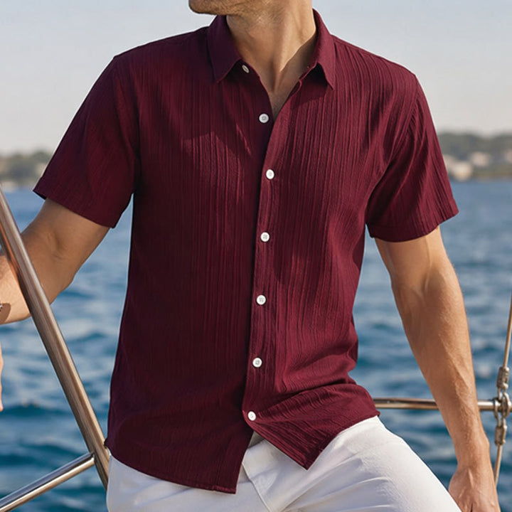 Men's Cotton Linen Striped Jacquard Casual Shirt - Dark Red - 2XL - image 11