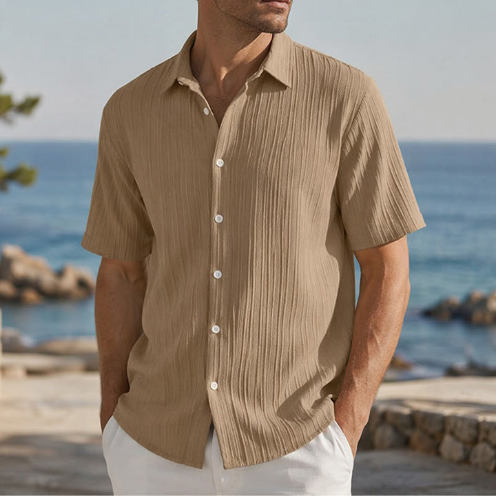 Men's Cotton Linen Striped Jacquard Casual Shirt - Khaki - 2XL - image 19