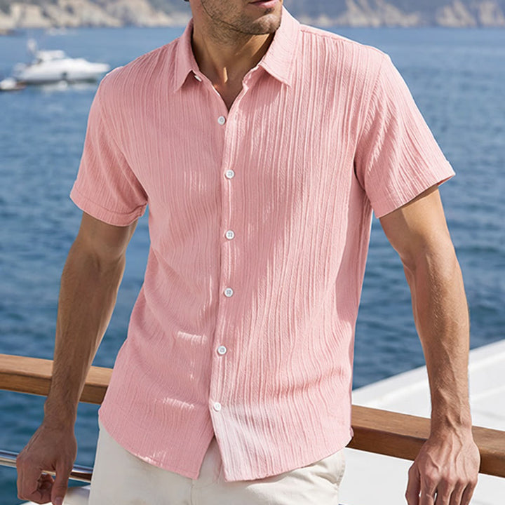 Men's Cotton Linen Striped Jacquard Casual Shirt - Peach - 2XL - image 18