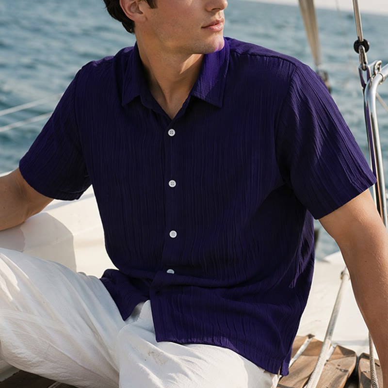 Men's Cotton Linen Striped Jacquard Casual Shirt - Navy Blue - 2XL - image 6