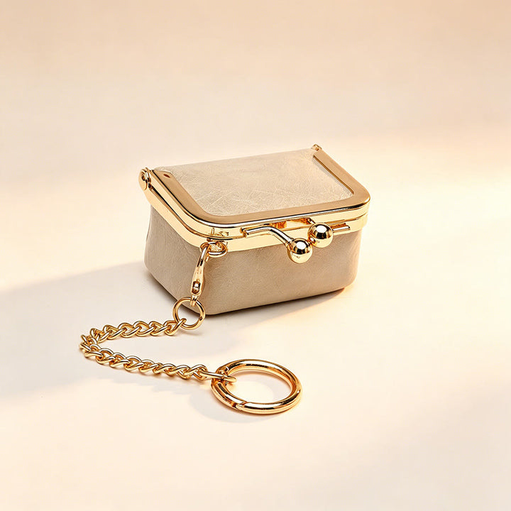 Mini Kiss Frame Bag Charm Small Coin Purse Keychain - Beige - image 7