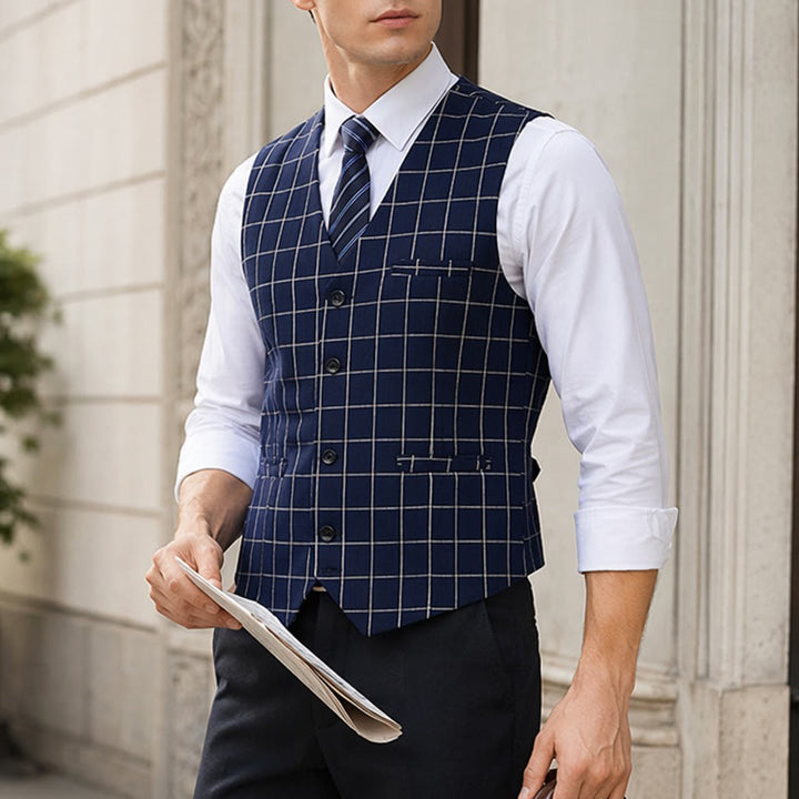 Men's Classic Grid Formal Business Casual Suit Vest - Dark Blue - 3XL - image 0
