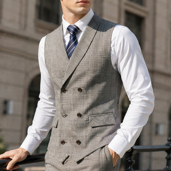Men's Business Plaid Double Breasted Corduroy Suit Vest - Light Gray - 4XL - image 0