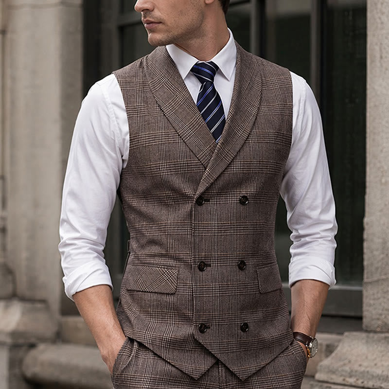 Men's Business Plaid Double Breasted Corduroy Suit Vest - Coffee - 4XL - image 5
