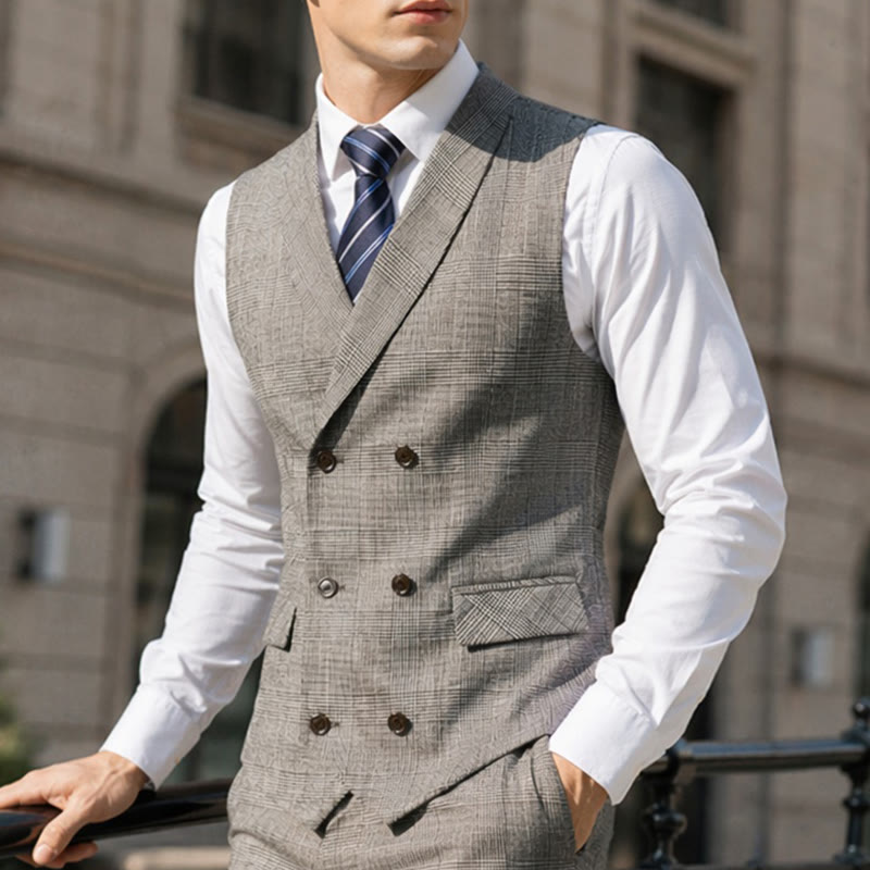 Men's Business Plaid Double Breasted Corduroy Suit Vest - Light Gray - 4XL - image 0