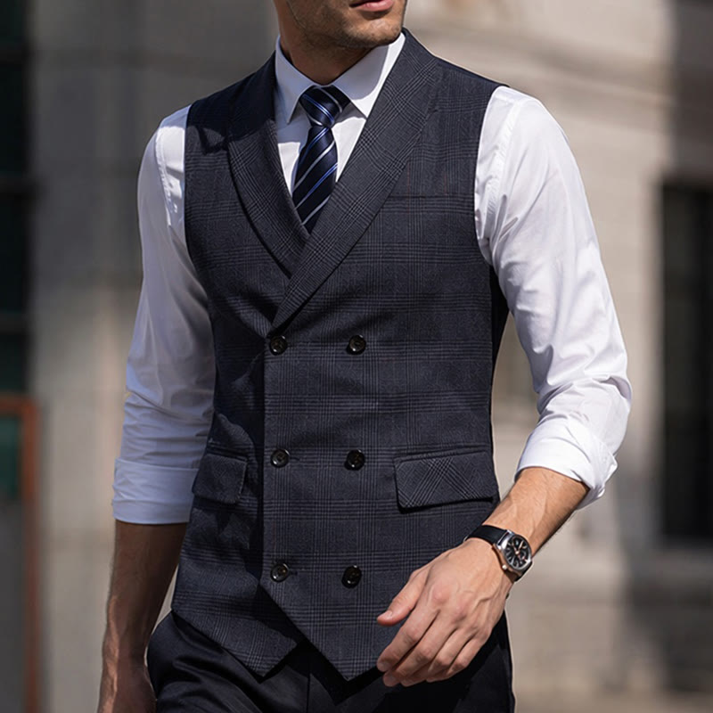 Men's Business Plaid Double Breasted Corduroy Suit Vest - Dark Grey - 4XL - image 4