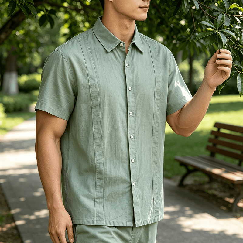 Men's Minimalist Solid Ramie Breathable Summer Casual Cotton Shirt - Green - 3XL - image 8
