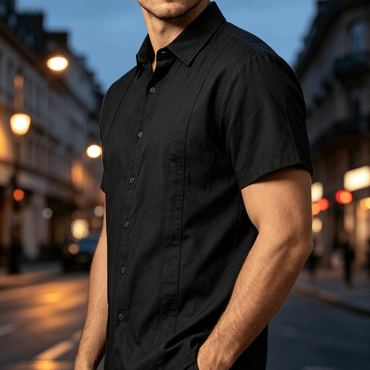 Men's Minimalist Solid Ramie Breathable Summer Casual Cotton Shirt - Black - 3XL - image 5