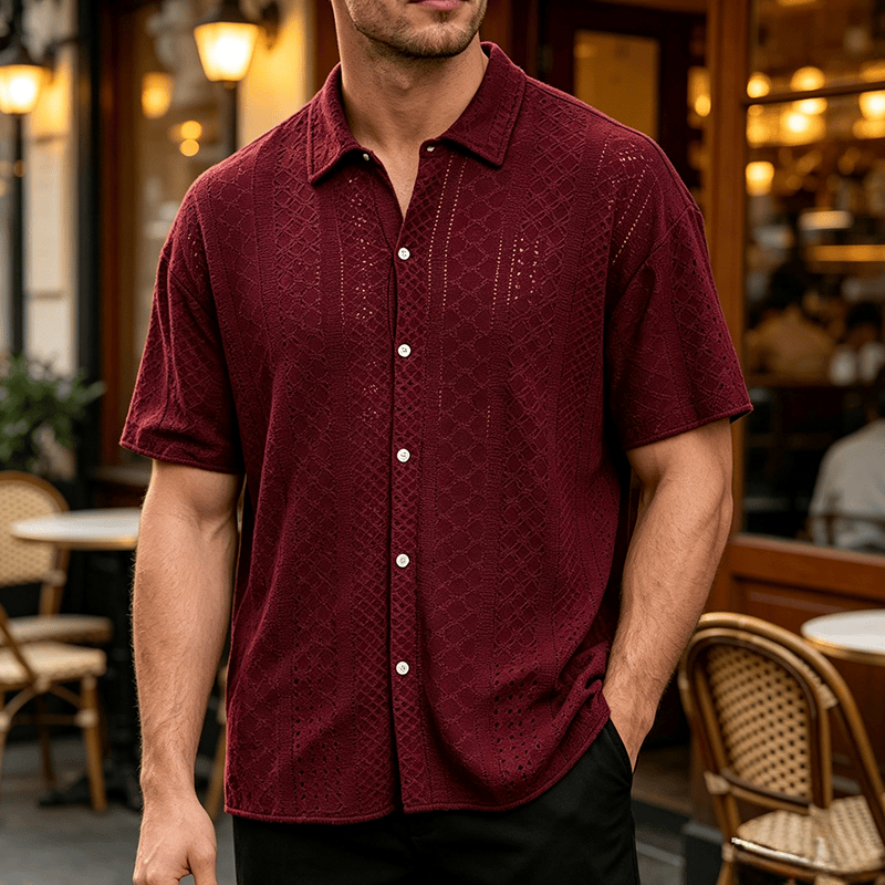 Men's Sporty Casual Jacquard Cotton Shirt - Wine - 2XL - image 7