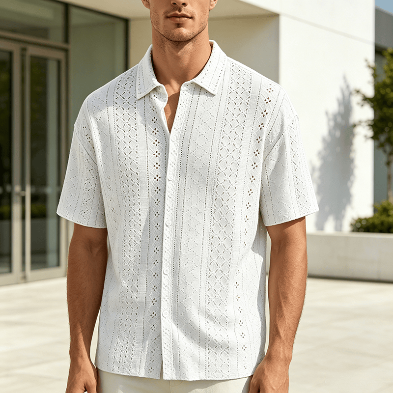Men's Sporty Casual Jacquard Cotton Shirt - White - 2XL - image 4