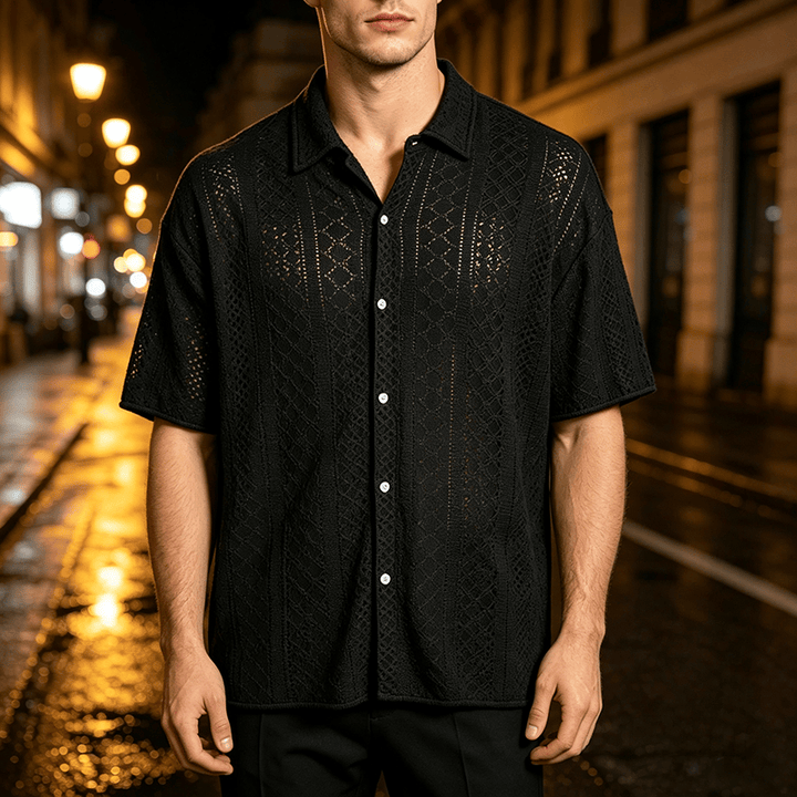 Men's Sporty Casual Jacquard Cotton Shirt - Black - 2XL - image 5