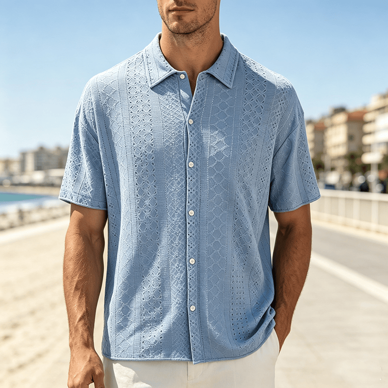 Men's Sporty Casual Jacquard Cotton Shirt - Blue - 2XL - image 6