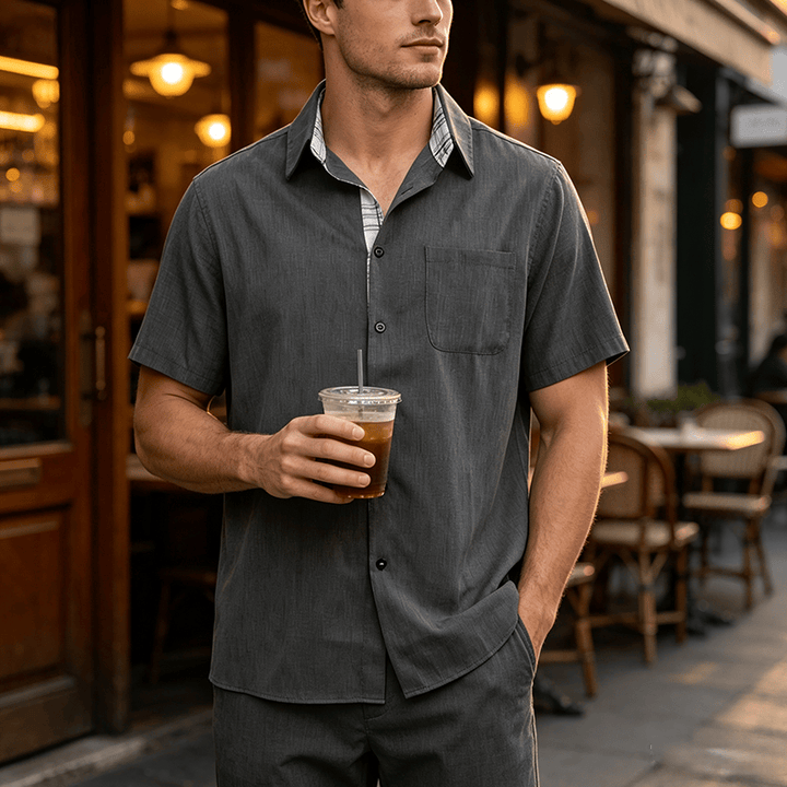 Men's Solid Linen Short Sleeve Button Down Shirt - Dark Grey - 5XL - image 12