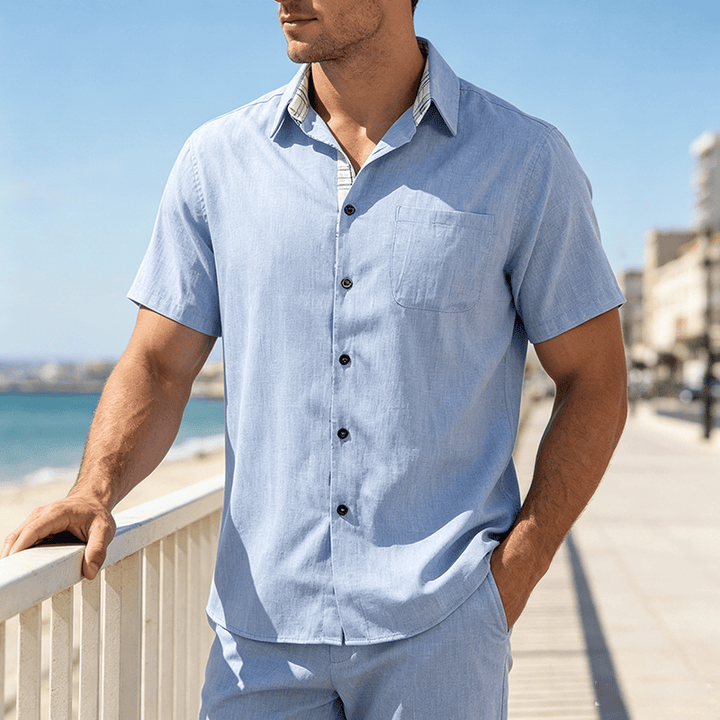 Men's Solid Linen Short Sleeve Button Down Shirt - Light Blue - 5XL - image 6