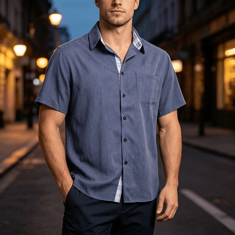 Men's Solid Linen Short Sleeve Button Down Shirt - Dark Blue - 5XL - image 7