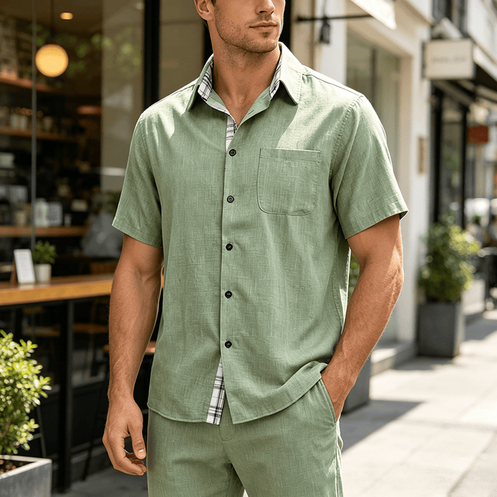 Men's Solid Linen Short Sleeve Button Down Shirt - Matcha - 5XL - image 13