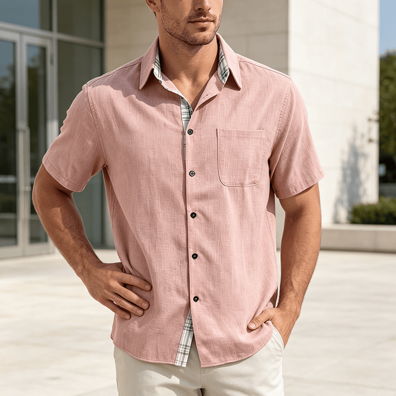 Men's Solid Linen Short Sleeve Button Down Shirt - Peach - 5XL - image 14