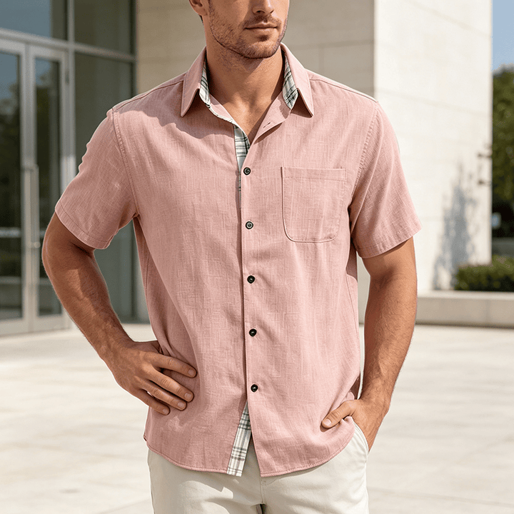 Men's Solid Linen Short Sleeve Button Down Shirt - Peach - 5XL - image 14